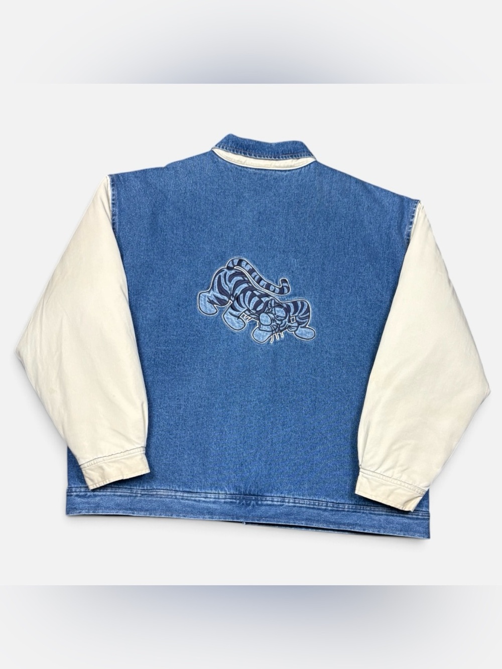 Vintage 90s Tigger Disney Store Embroidered Varsity Denim Jacket Blue/Tan XXL